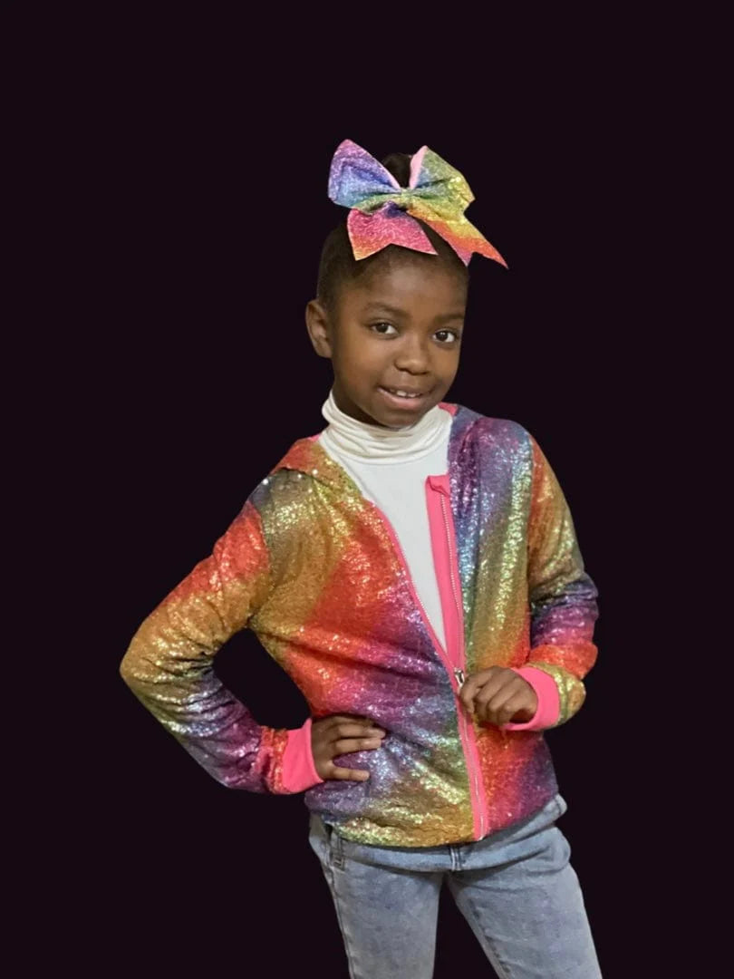 Girls Rainbow Sequin Zippered Hoodie Jacket Fashionably BBK