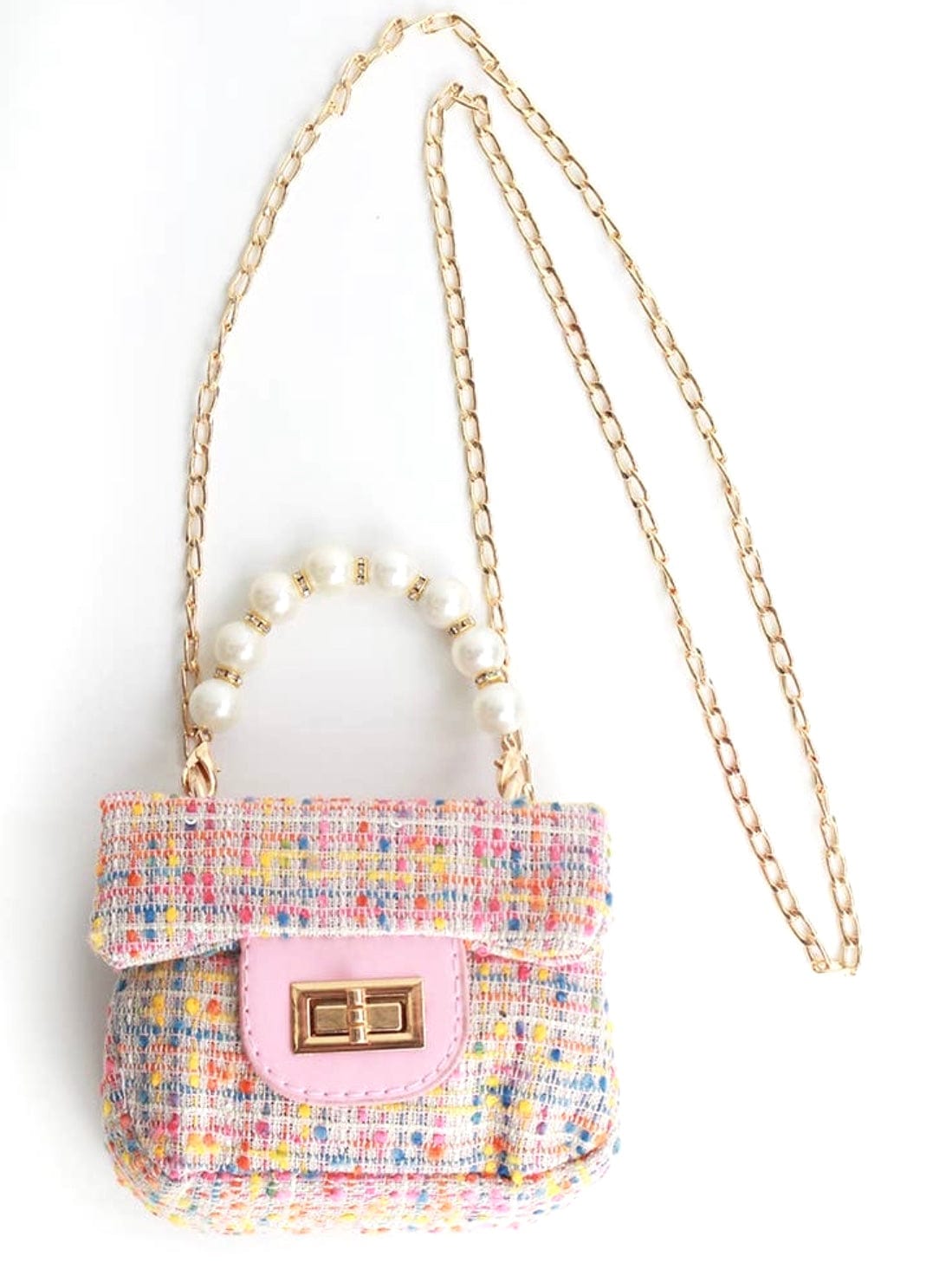 Little Girls Accessories | Rainbow Tweed Gold Chain Crossbody Purse White