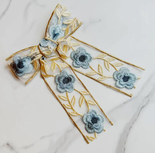 Fashionably, BBK! Blue Embroidered Floral Lace Bow Hair Clip