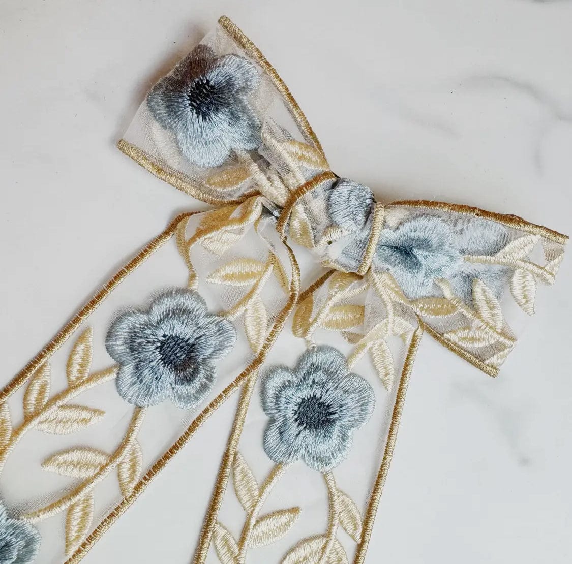 Fashionably, BBK! Blue Embroidered Floral Lace Bow Hair Clip