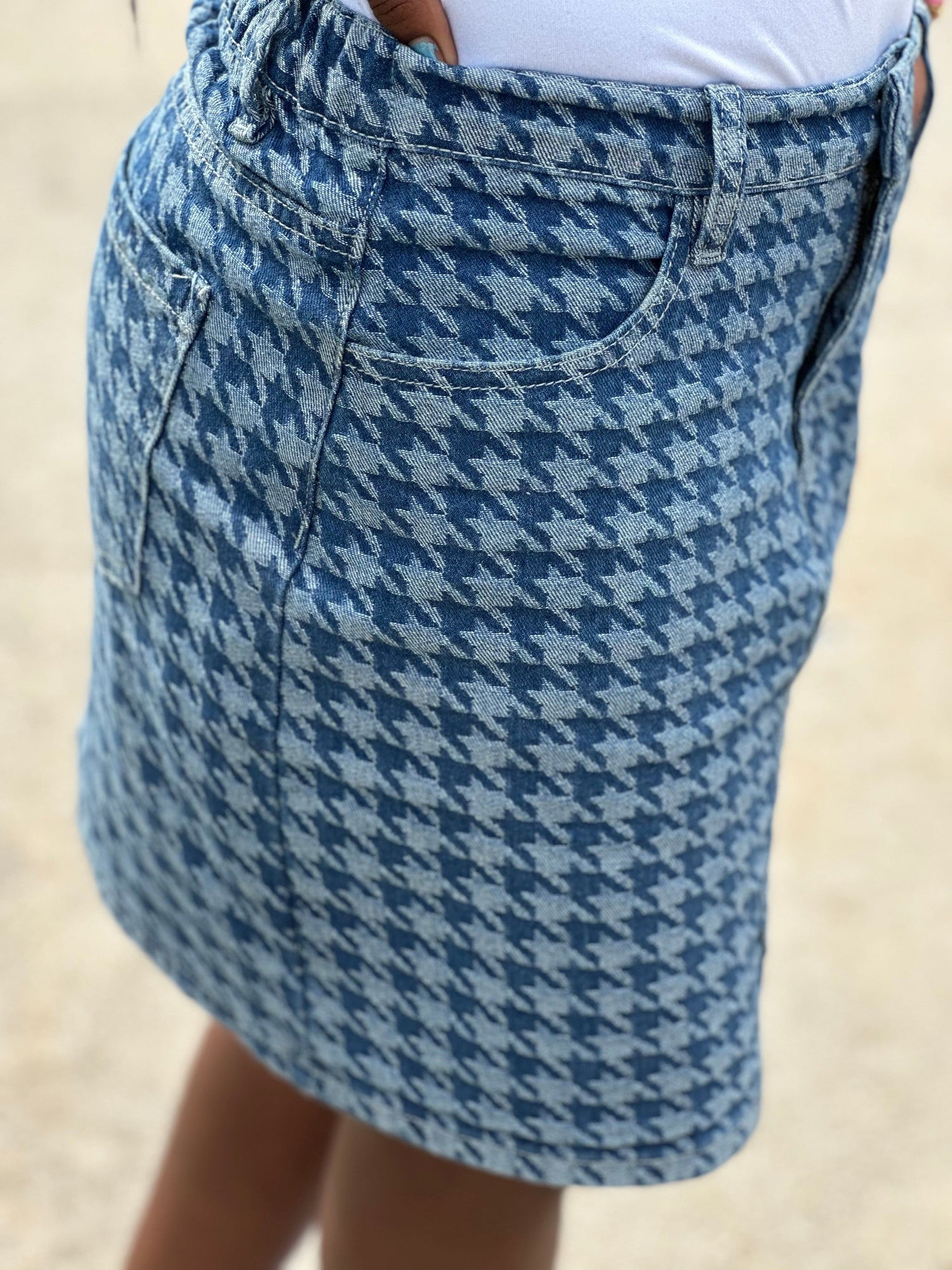 Fashionably, BBK! Girls Houndstooth Print Denim Skirt
