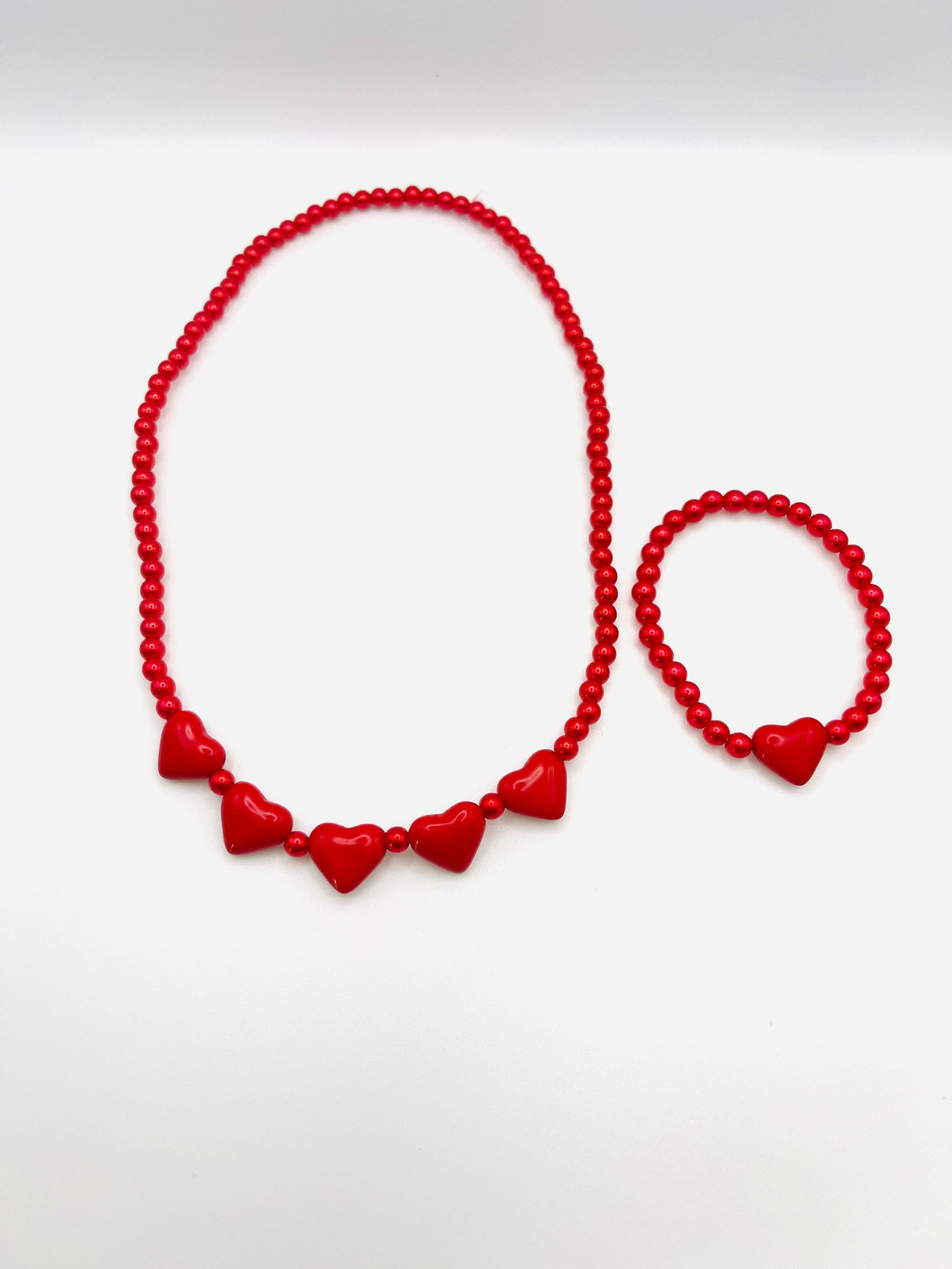 Fashionably, BBK! Accessories Valentine Red Girls Beaded Heart Necklace and Bracelet Set