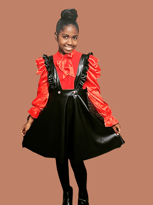 Fashionably, BBK! Dresses 14Y Girls Ruffle Trim Faux Leather Pinafore Dress | Black